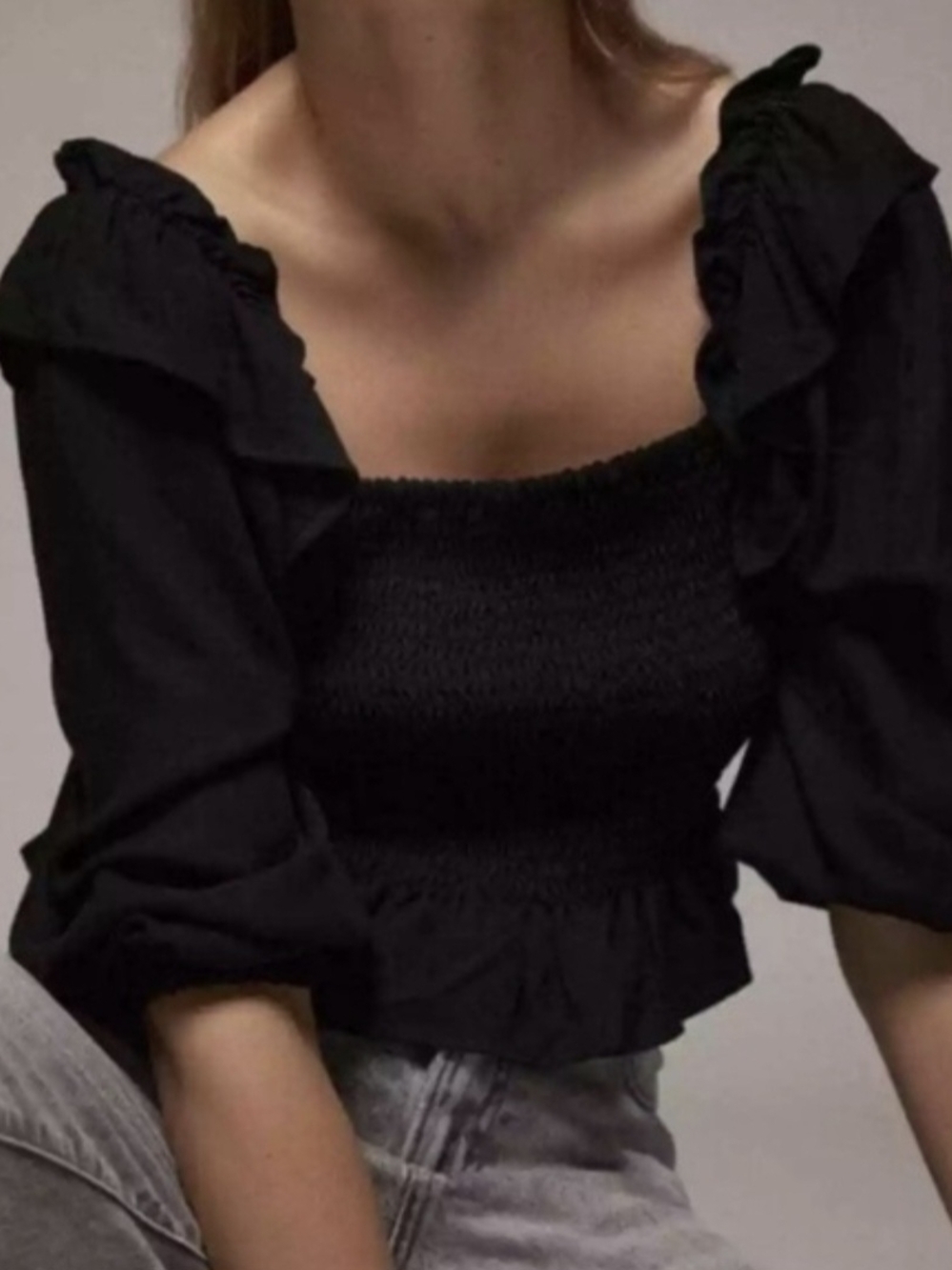 BNWT Zara Smocked Ruffled Puff Sleeve Crop Black Top S Cottagecore Boho Romantic